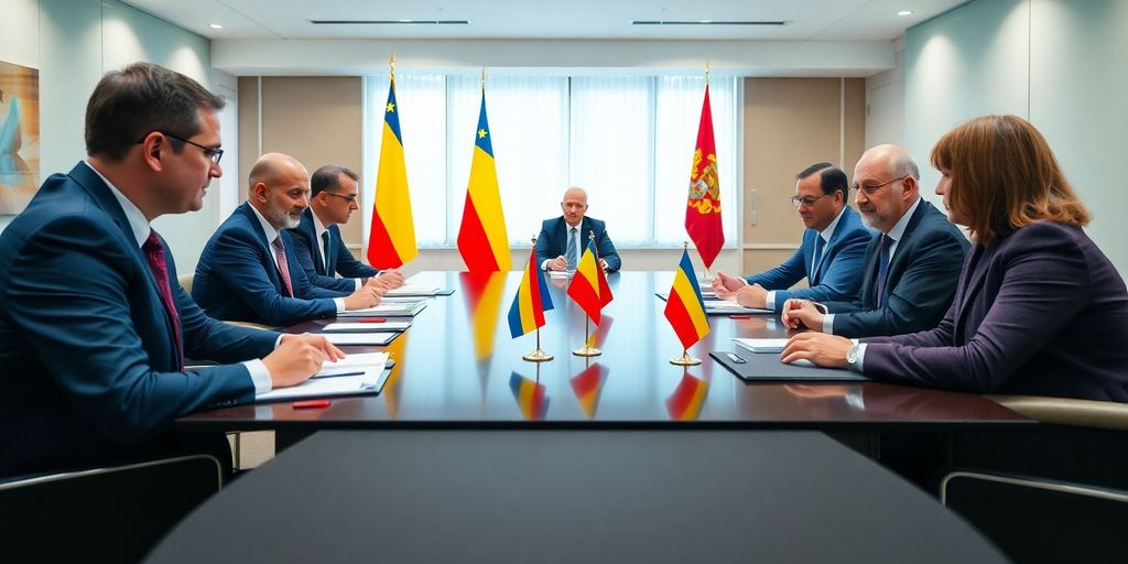 Întâlnire diplomatică între oficialii români și internaționali.