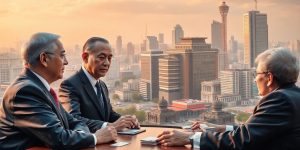Politicieni discutând despre economie într-un peisaj urban.