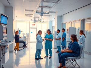 Clădire modernă de sănătate cu personal medical și pacienți.