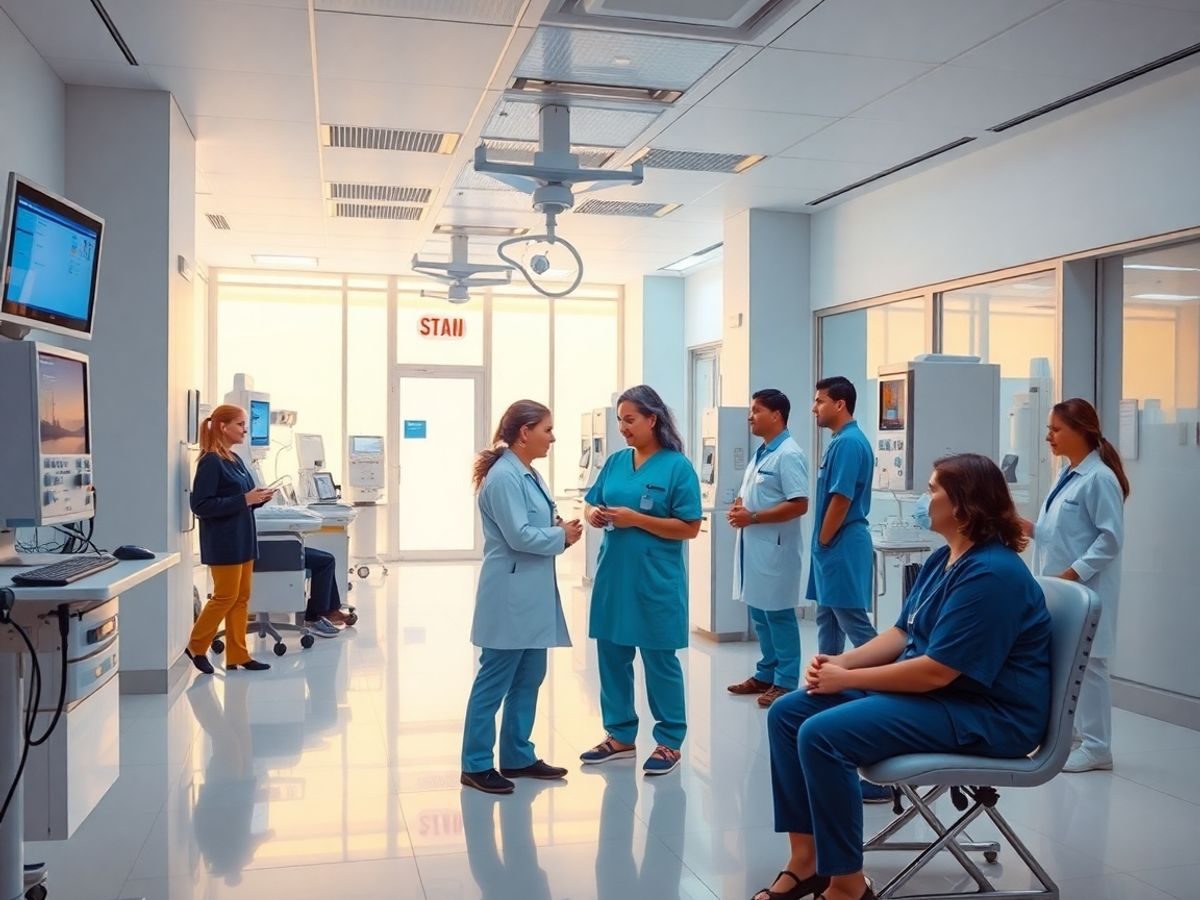 Clădire modernă de sănătate cu personal medical și pacienți.