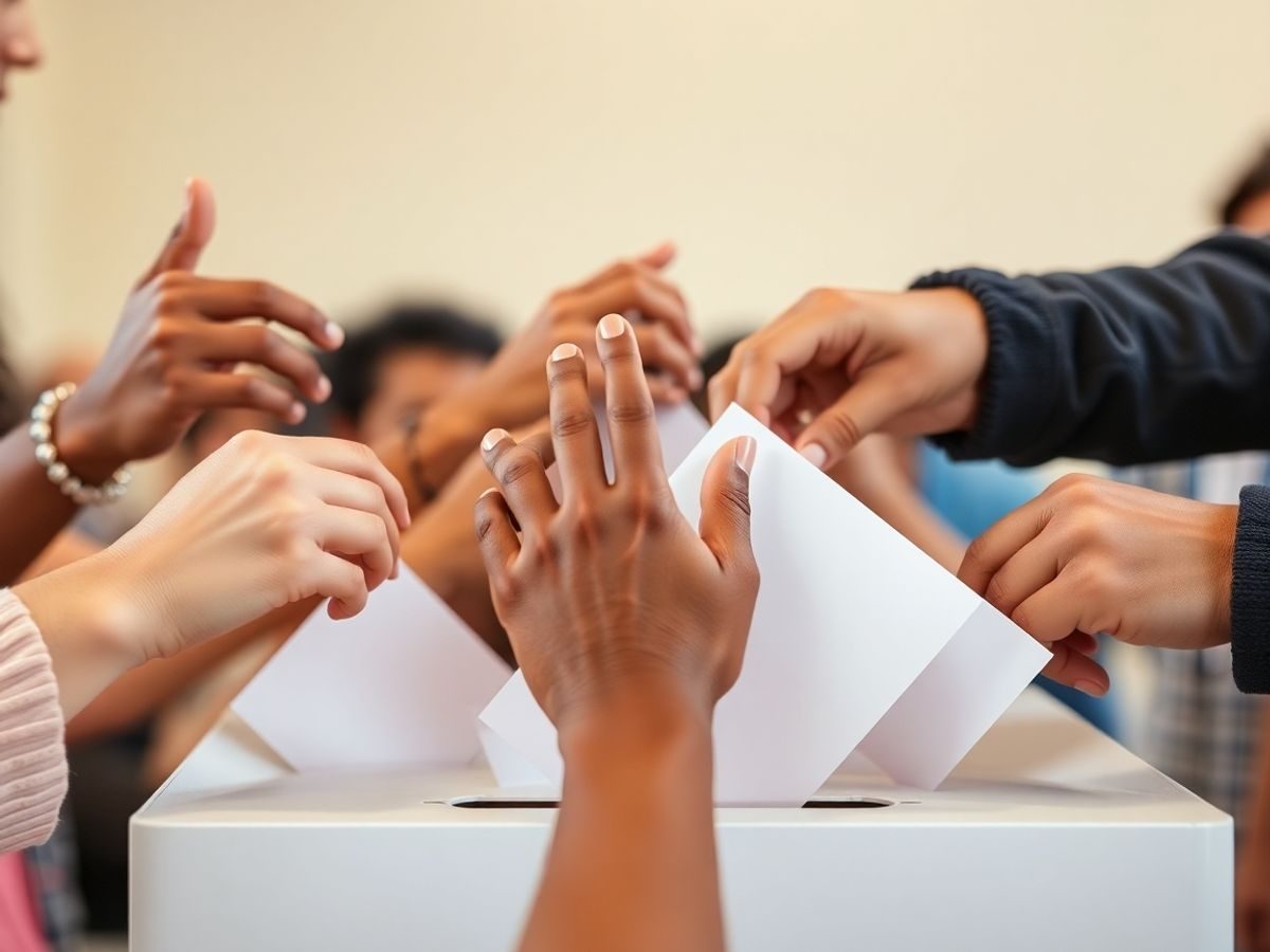 Mâini diversificate votând într-o urnă de vot.