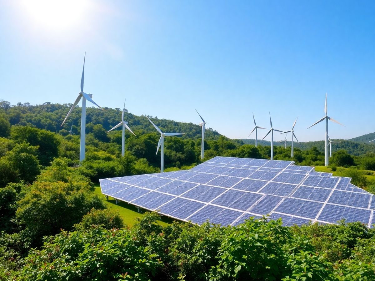 Peisaj verde cu turbine eoliene și panouri solare.