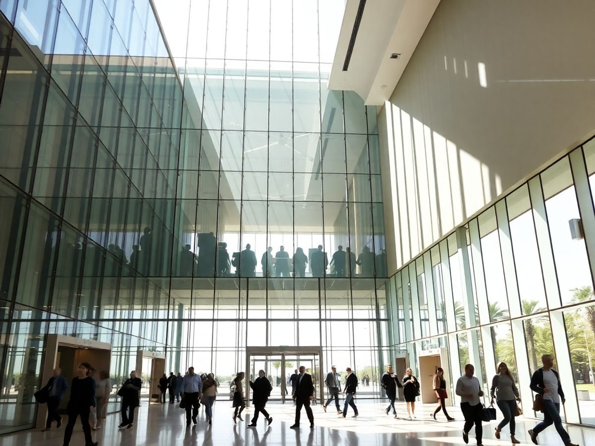 Clădire guvernamentală modernă, deschisă, cu ferestre mari, luminoase.