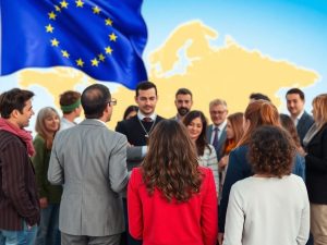 Oameni diverși, drapel european, hartă stilizată a lumii