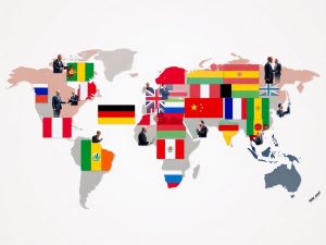 Hărți globale, steaguri naționale, figuri politice diverse, strângeri de mână diplomatice.