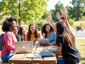 Tineri zâmbitori într-un parc, lucrând împreună la mese cu laptopuri.