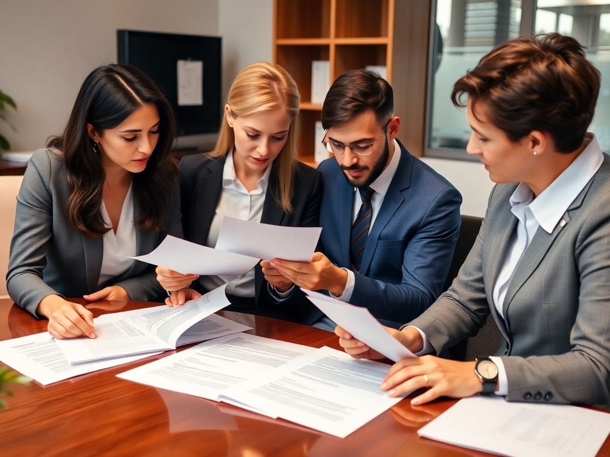 Antreprenori discutând documente juridice