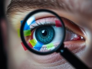 Ochi cercetând atent imagini distorsionate.