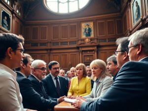 Persoane diverse discutând în plenul parlamentului.