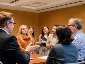 Oameni discutând la o masă, solidaritate organizațională.