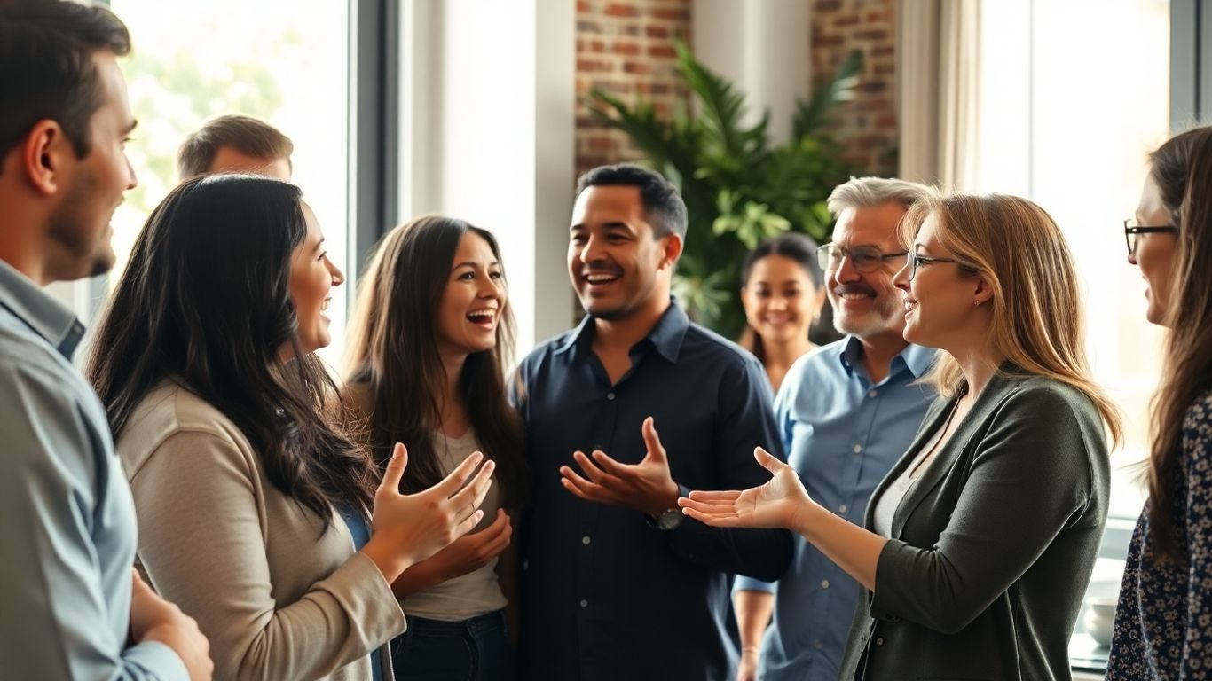 Oameni discutând constructiv în lumina soarelui.
