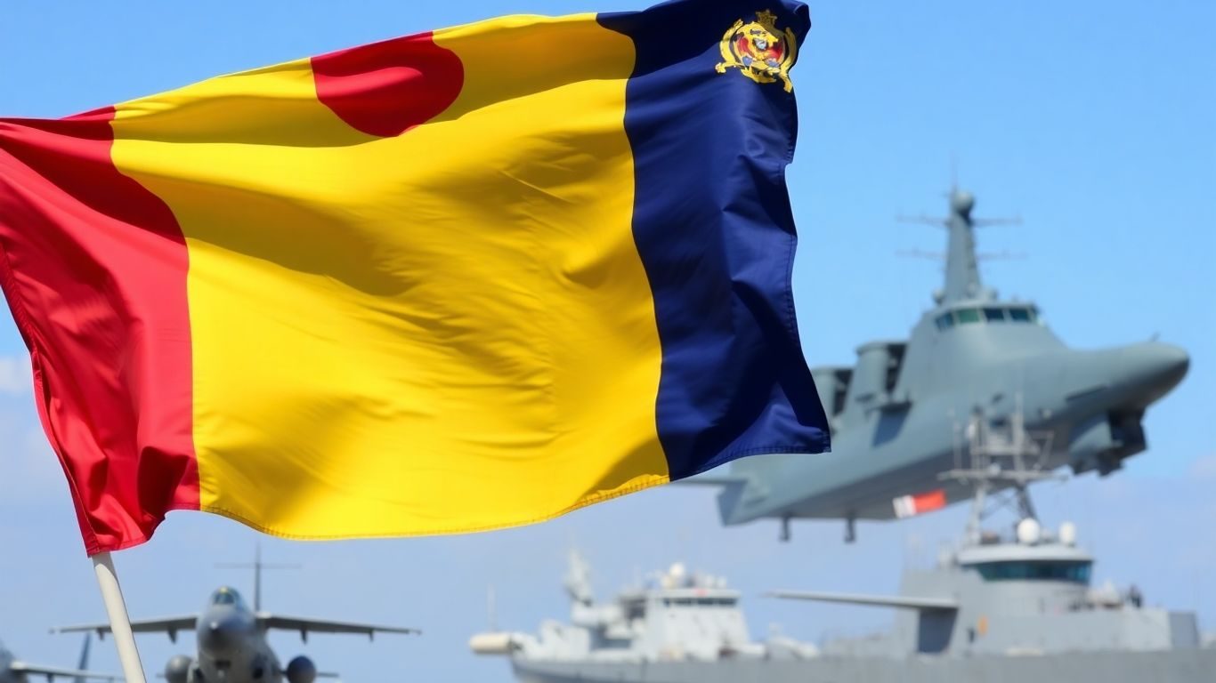Steagul României fluturând cu nave și avioane militare.