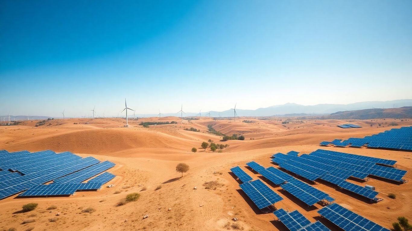 Turbine eoliene și panouri solare pe un fundal natural.