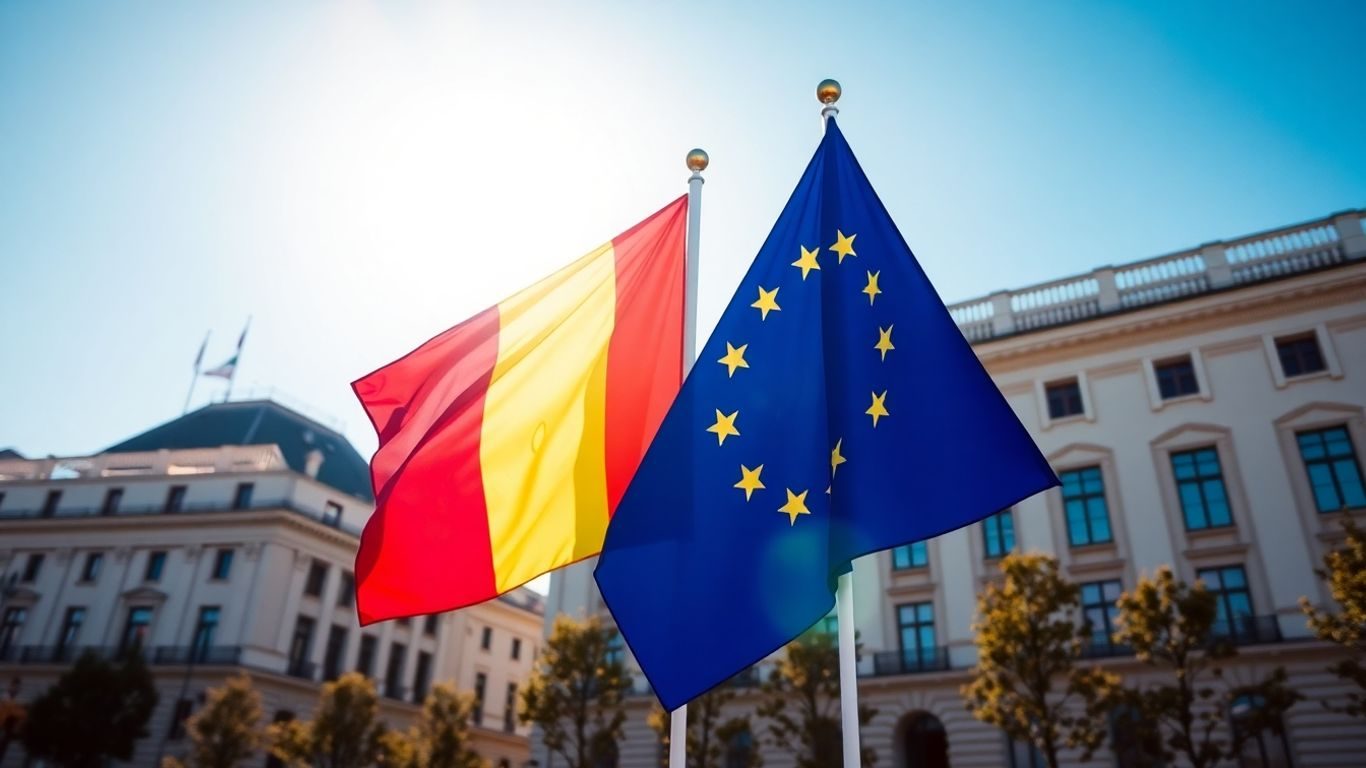 Drapelele României și UE fluturând în fața unui sediu.